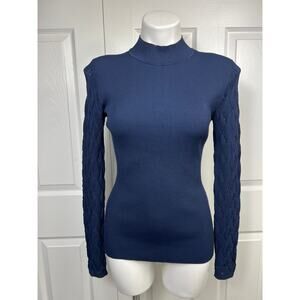 White House Black Market Navy Blue Mock Neck Pointelle Sleeve Sweater Size Small